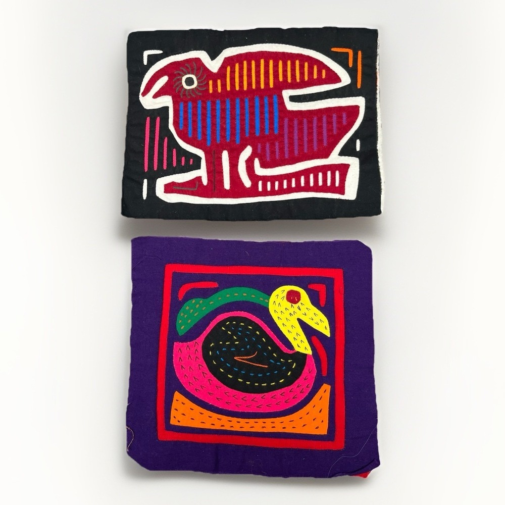 2 VTG Kuna Mola Hand Sewn Art Textile Fabric Folk Fabric Birds Duck Quilt Block